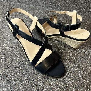 Cole Haan Women's 8 B Wedge Black Leather Espadrille Sling Back Open Toe Sandals